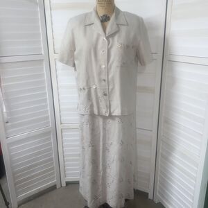 80s 90s Momentum Khaki Embroidered Maxi Dress & Blazer Top 2 Pc Set Made In USA